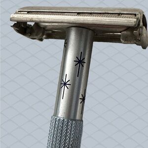 VTG Powder Blue Lady Gillette Safety Razor MCM Atomic Starburst Pattern 1960s